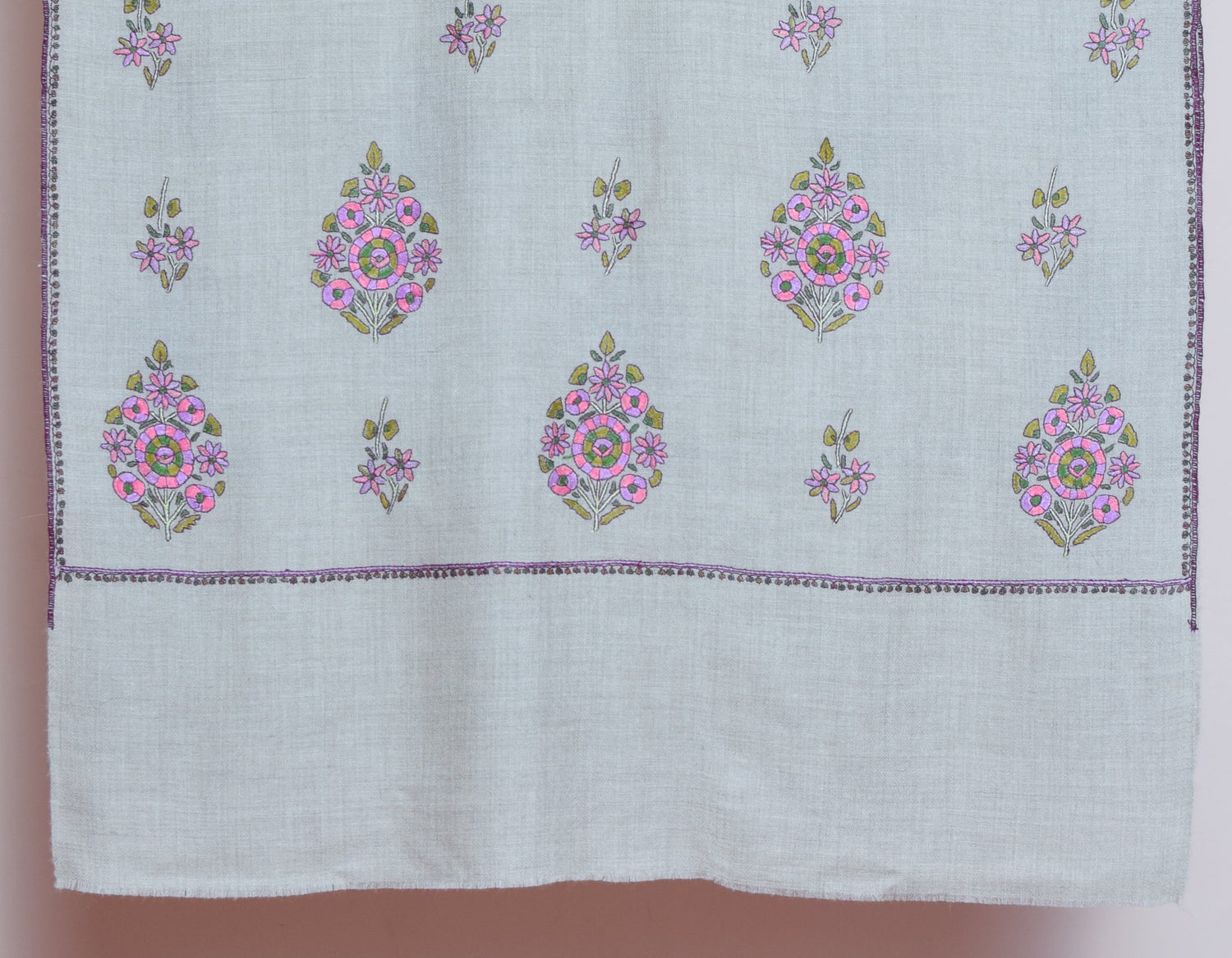 Pastel Grey Handwoven Floral Sozni Embroidered Cashmere Pashmina Stole