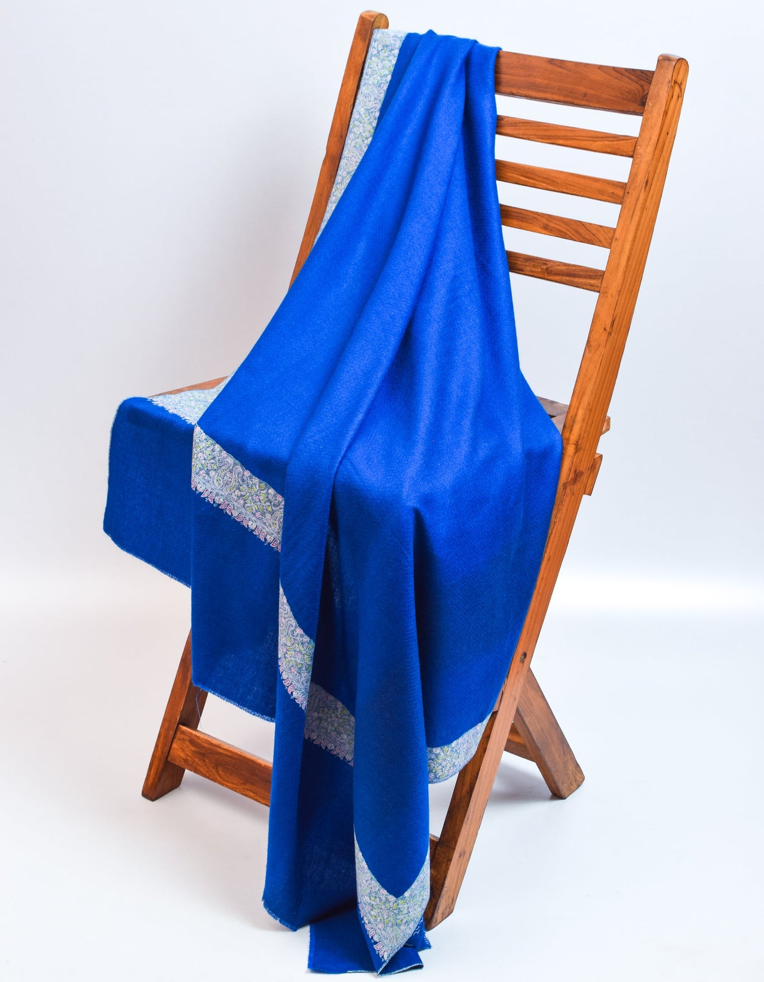 Royal Blue Handwoven Sozni Embroidered Bordered Pashmina Shawl