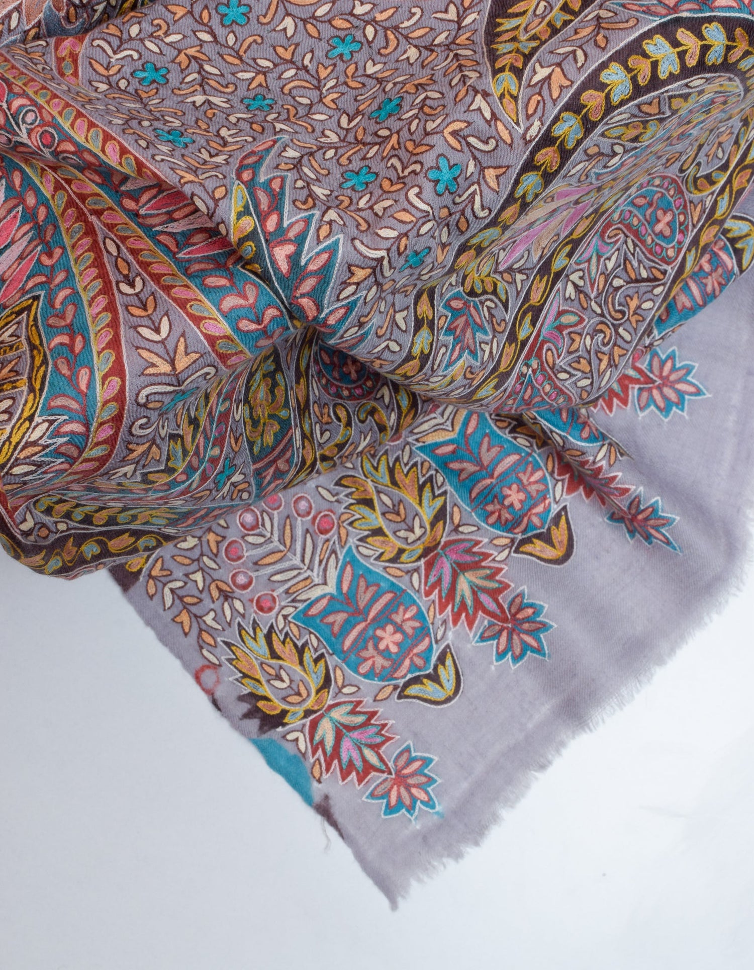 Cool Grey Handwoven Kalamkari Sozni Embroidered Cashmere Pashmina Shawl