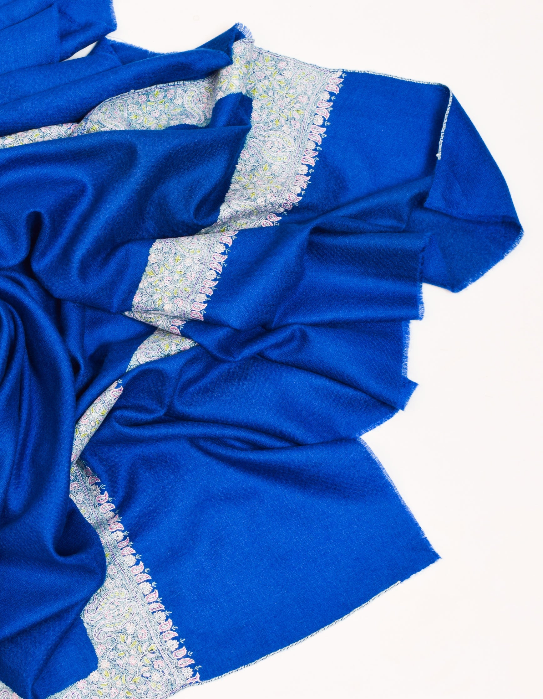 Royal Blue Handwoven Sozni Embroidered Bordered Pashmina Shawl