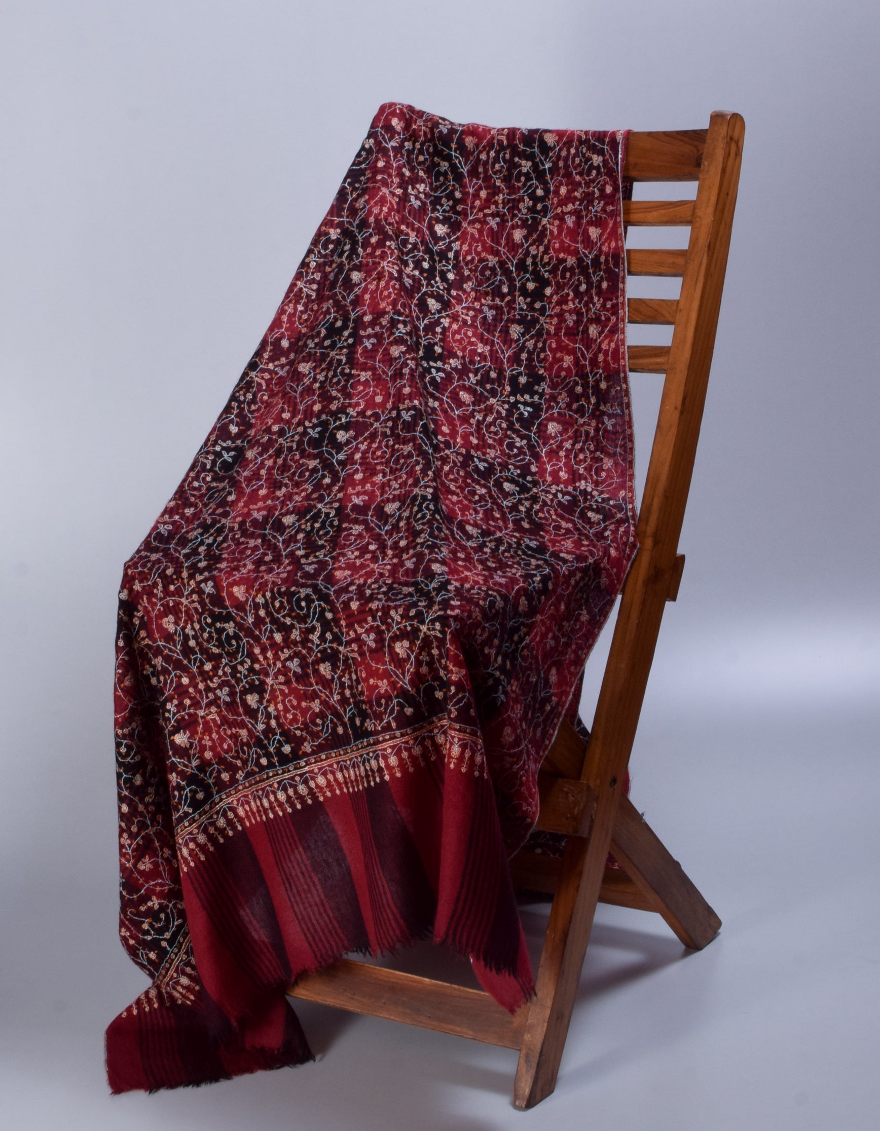 Maroon Black Check Handwoven Sozni Embroidered Cashmere Pashmina Shawl