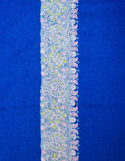 Royal Blue Handwoven Sozni Embroidered Bordered Pashmina Shawl