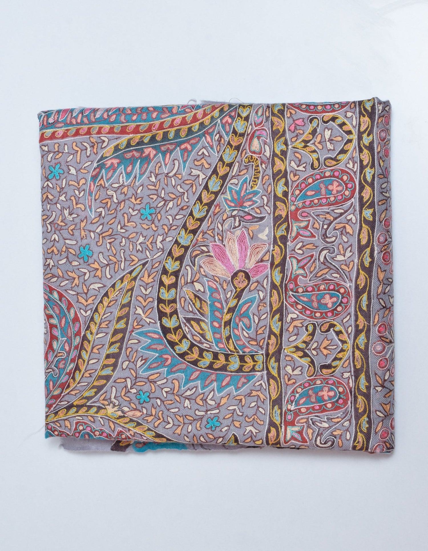 Cool Grey Handwoven Kalamkari Sozni Embroidered Cashmere Pashmina Shawl