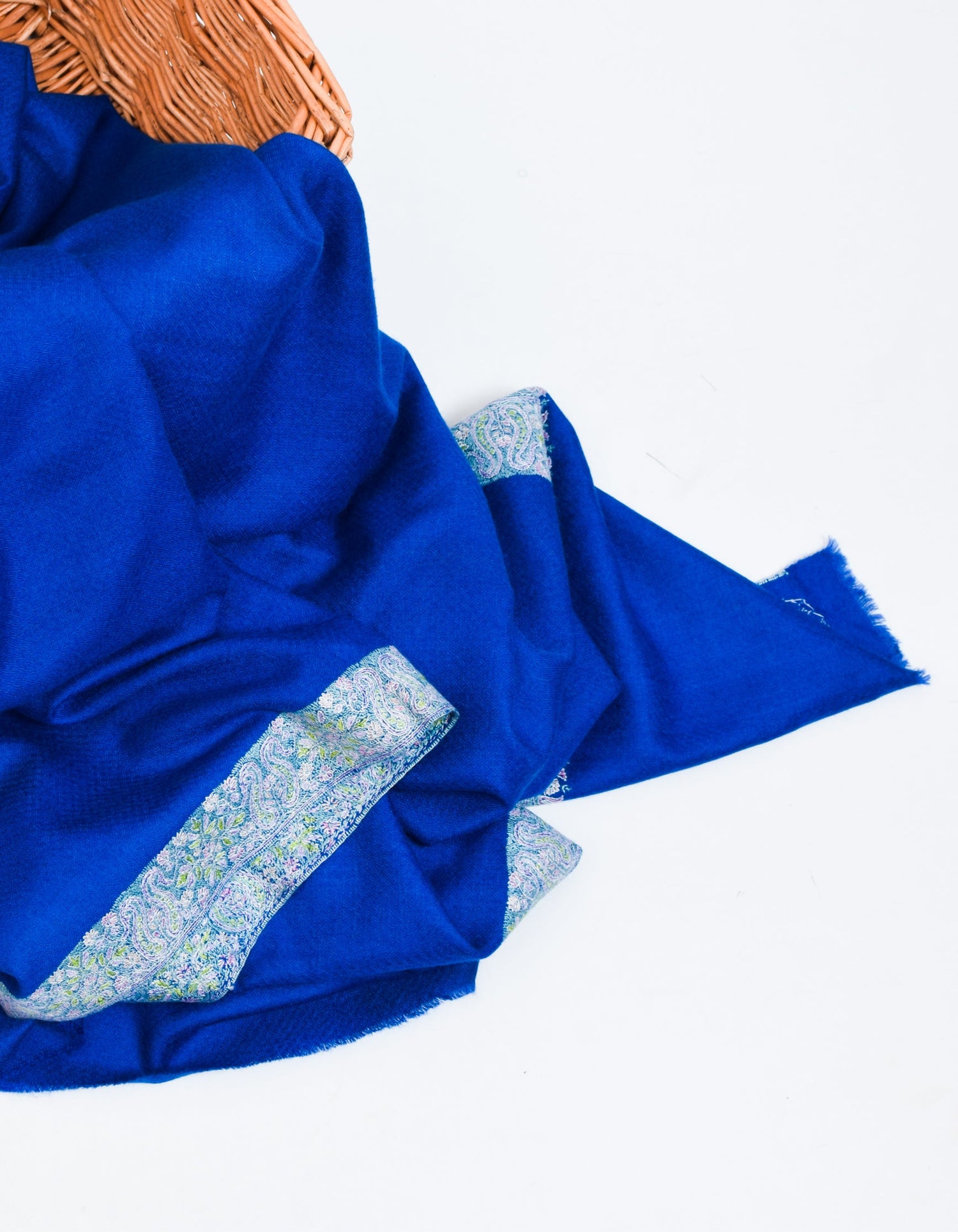 Royal Blue Handwoven Sozni Embroidered Bordered Pashmina Shawl