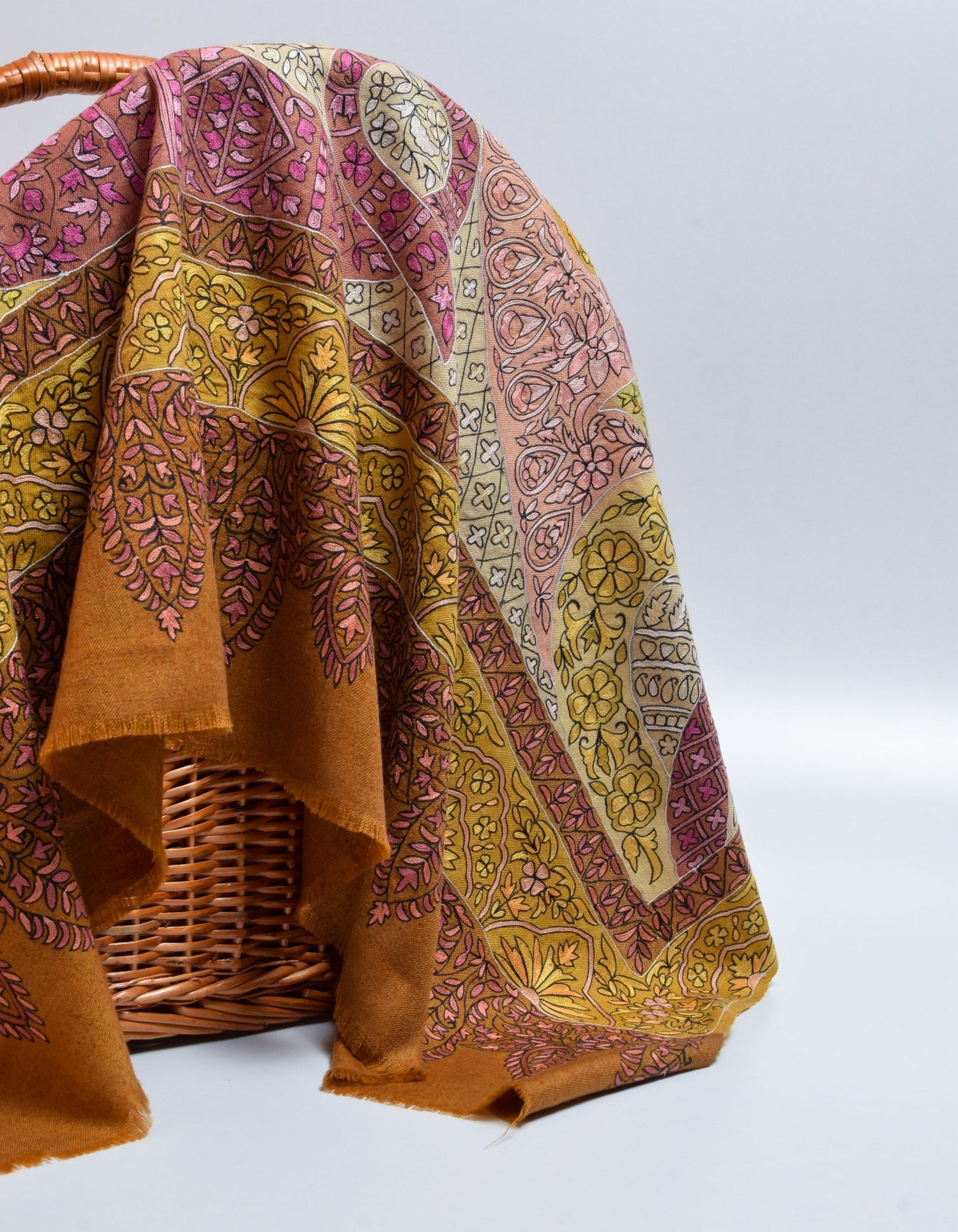 Multicolour Handwoven Kalamkari Sozni Embroidered Cashmere Pashmina Shawl