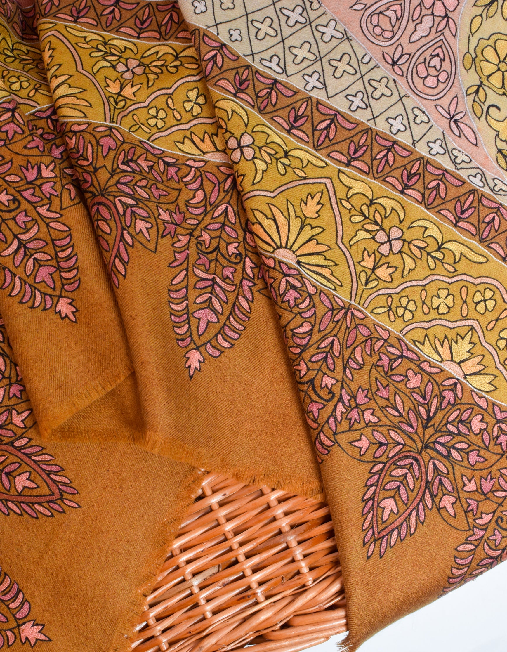 Multicolour Handwoven Kalamkari Sozni Embroidered Cashmere Pashmina Shawl