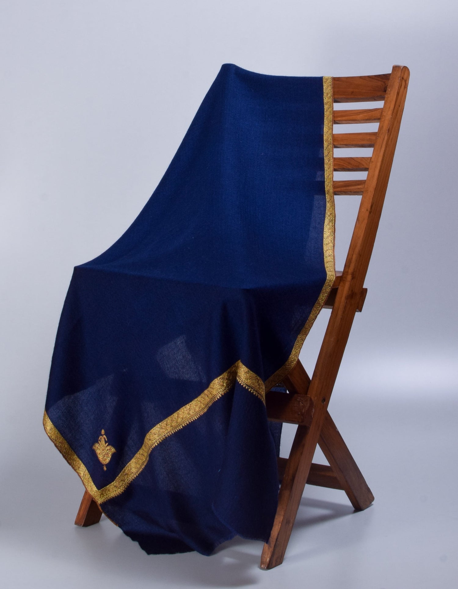 Classic Navy Blue Handwoven Sozni Border Embroidered Cashmere Pashmina Stole