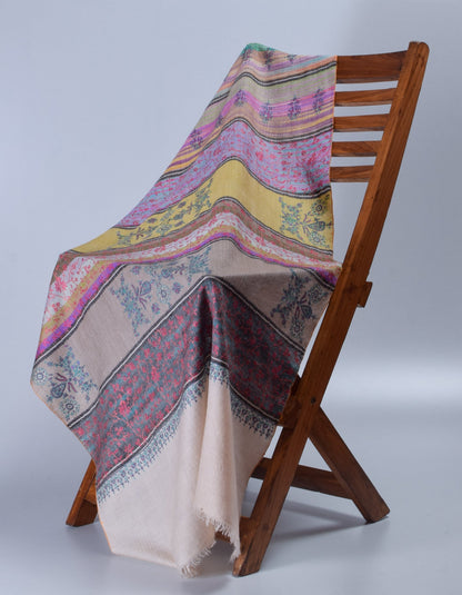 Modern Multicolour Stripes Handwoven Floral Sozni Embroidered Cashmere Pashmina Stole - Kashmir Box