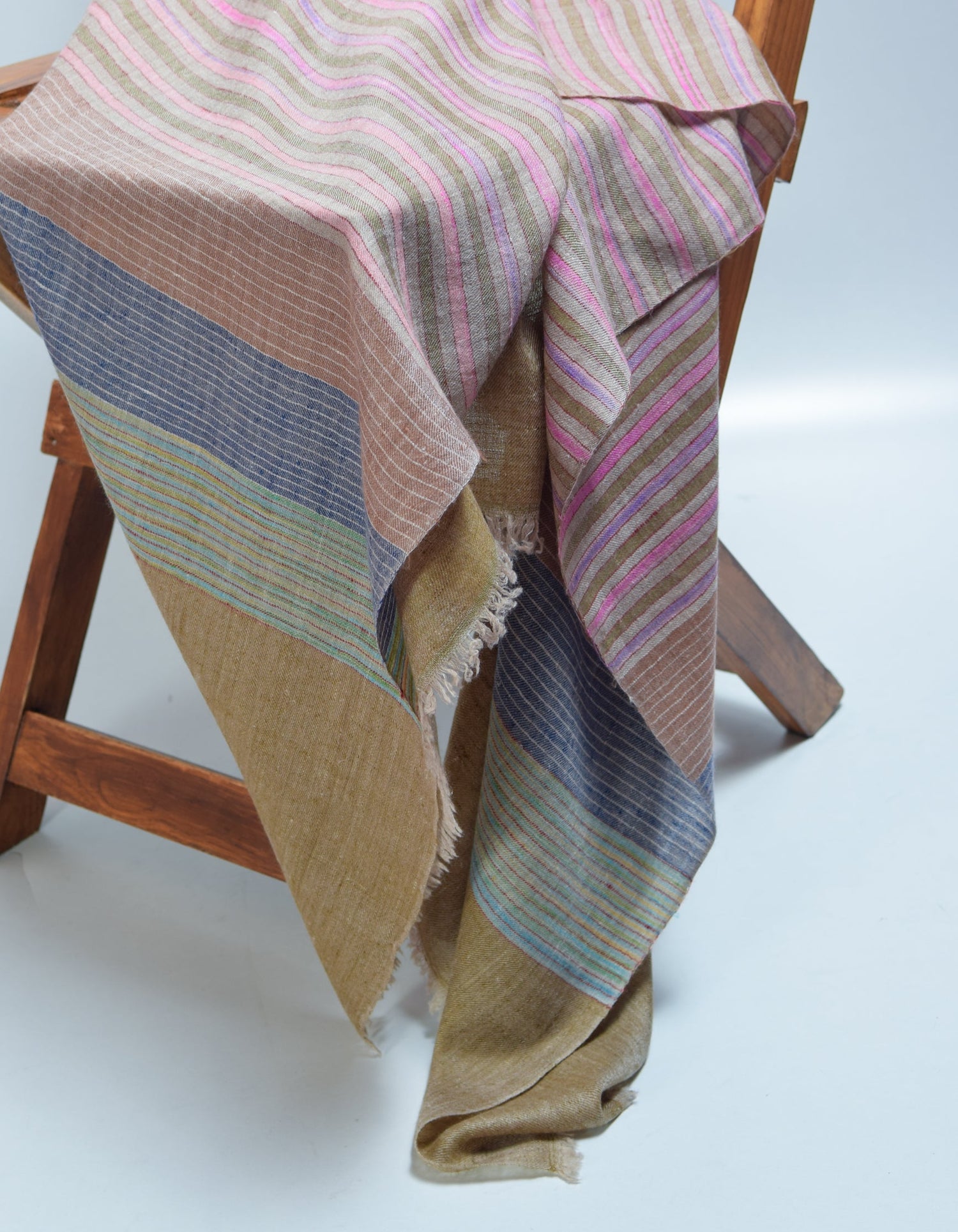 Olive Haze Handwoven Striped Cashmere Pashmina Stole - Kashmir Box