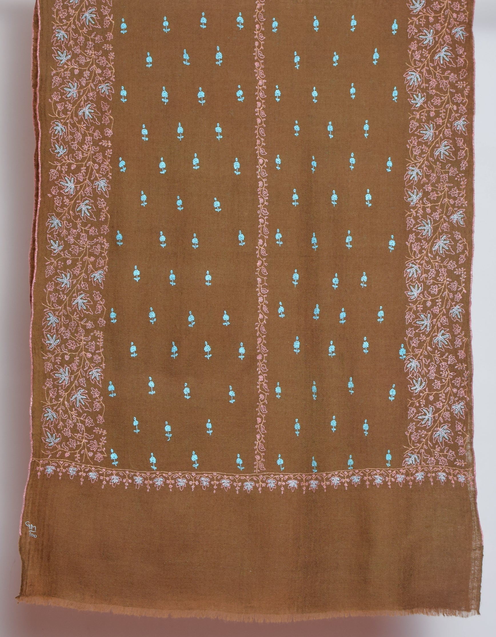 Coffee Handwoven Sozni Embroidered Cashmere Pashmina Stole