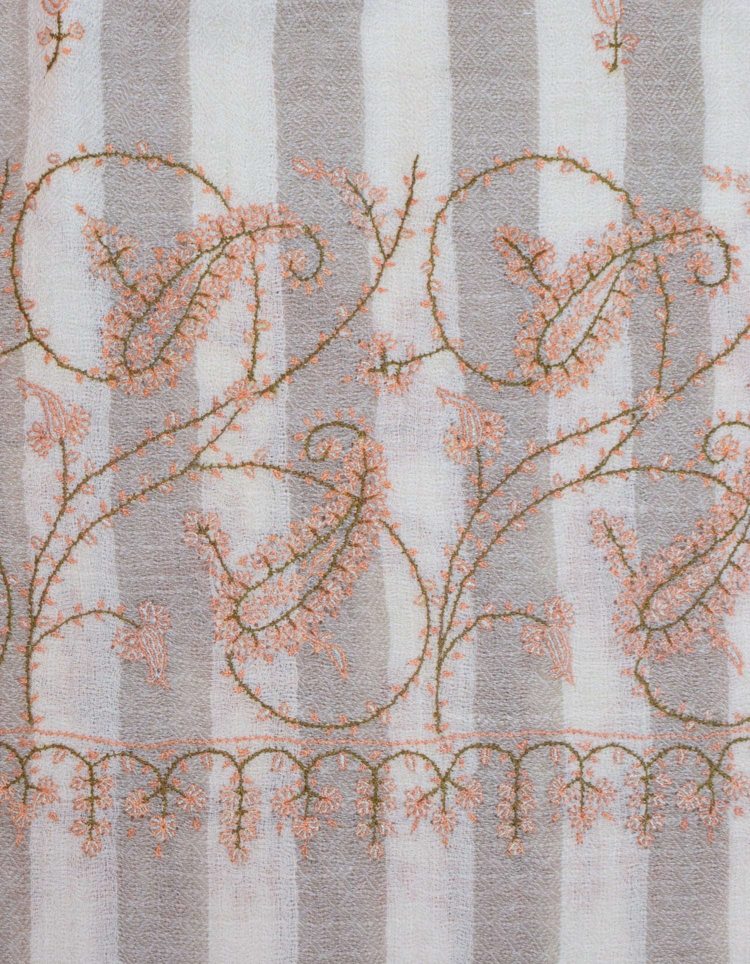 Natural Cream n Grey Stripes Handwoven Sozni Embroidered Cashmere Pashmina Stole - Kashmir Box