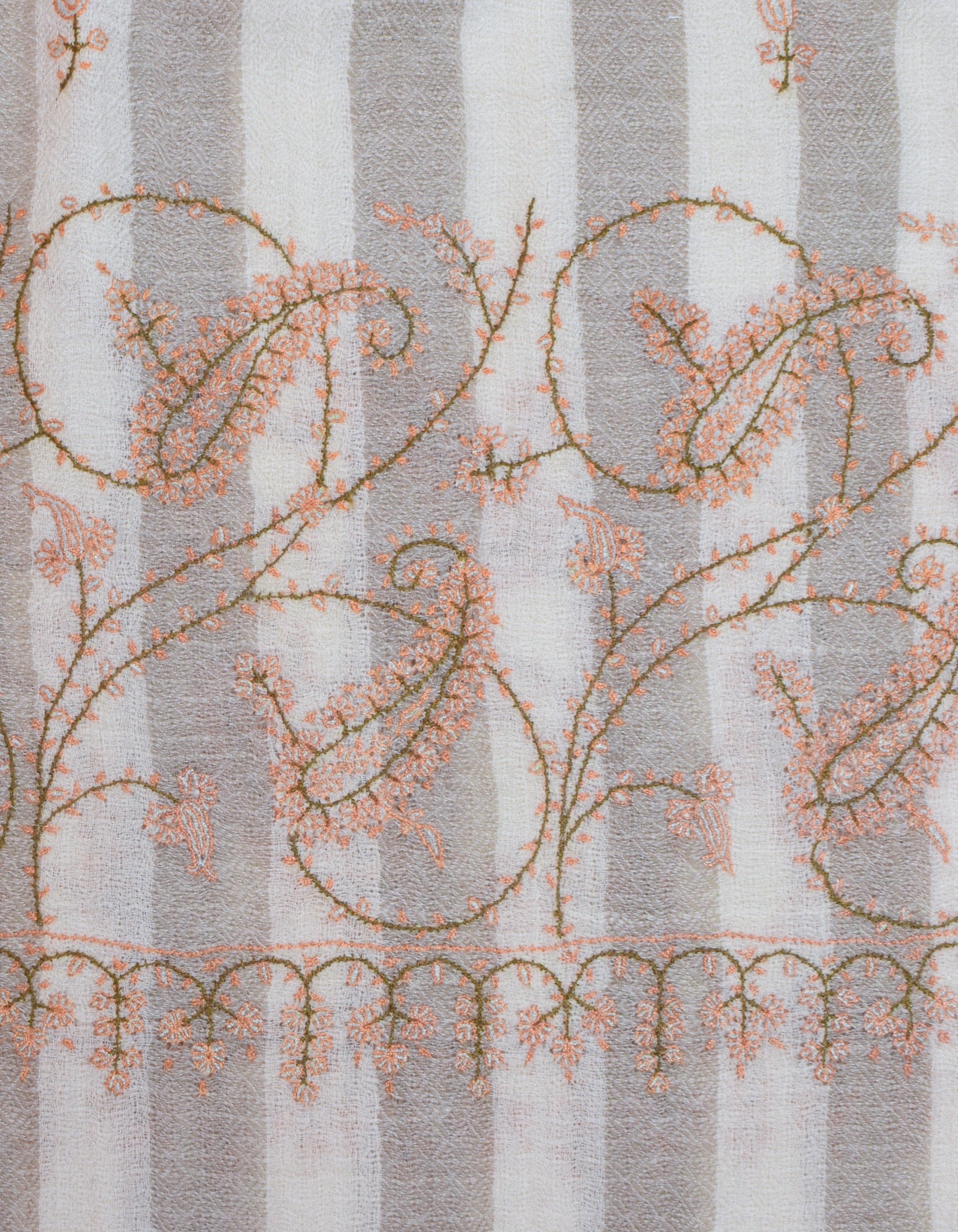 Natural Cream n Grey Stripes Handwoven Sozni Embroidered Cashmere Pashmina Stole - Kashmir Box