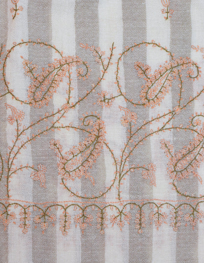 Natural Cream n Grey Stripes Handwoven Sozni Embroidered Cashmere Pashmina Stole - Kashmir Box