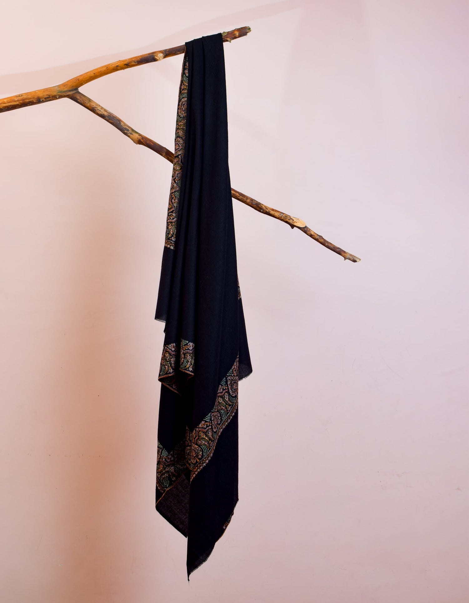 Classic Black Handwoven Sozni Embroidered Bordered Pashmina Shawl