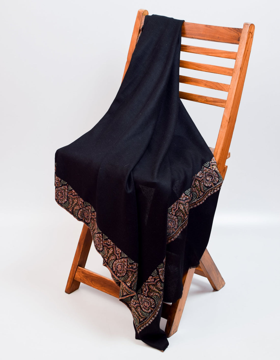 Classic Black Handwoven Sozni Embroidered Bordered Pashmina Shawl