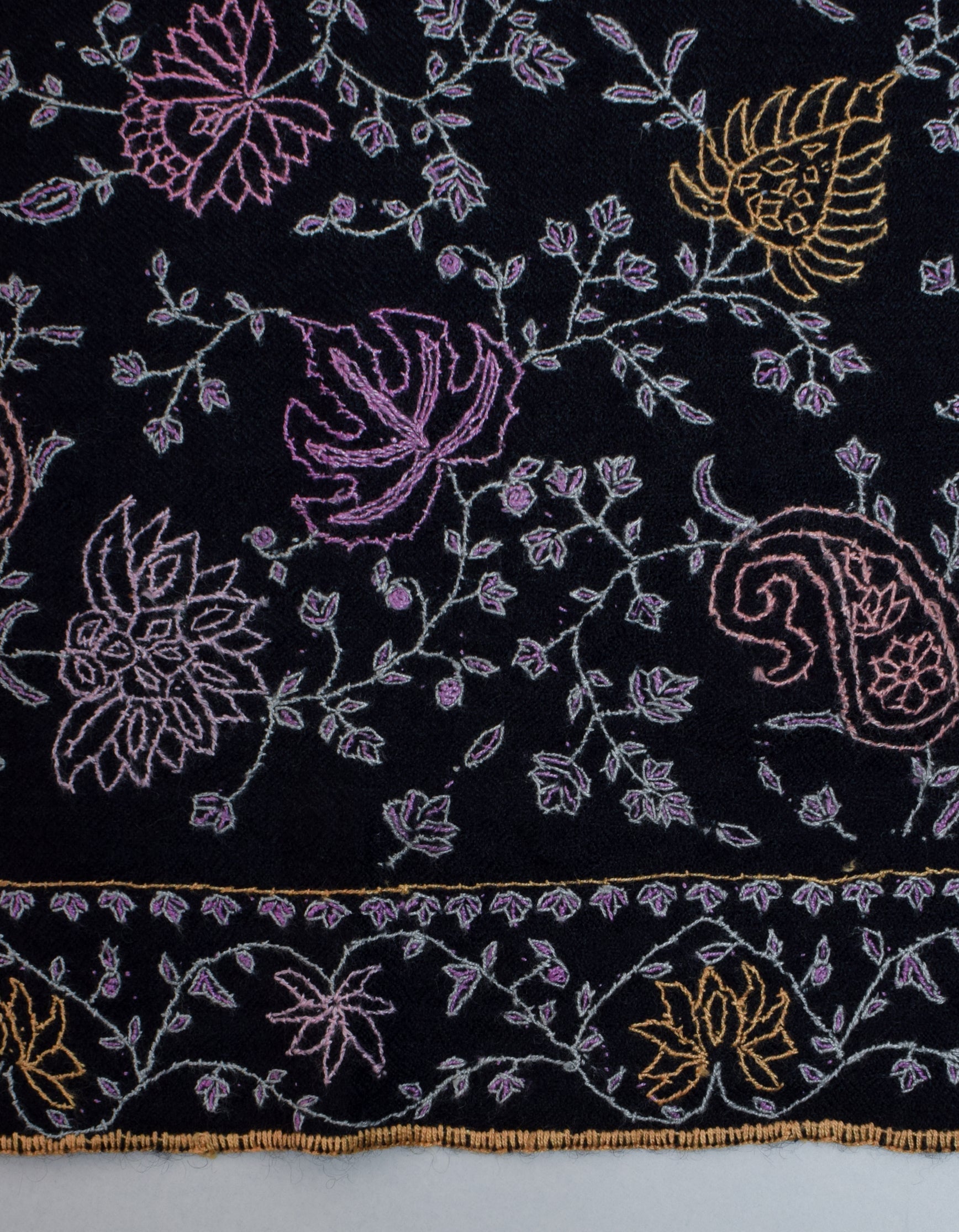 Jet Black Handwoven Multicolour Sozni Jaali Embroidered Cashmere Pashmina Stole