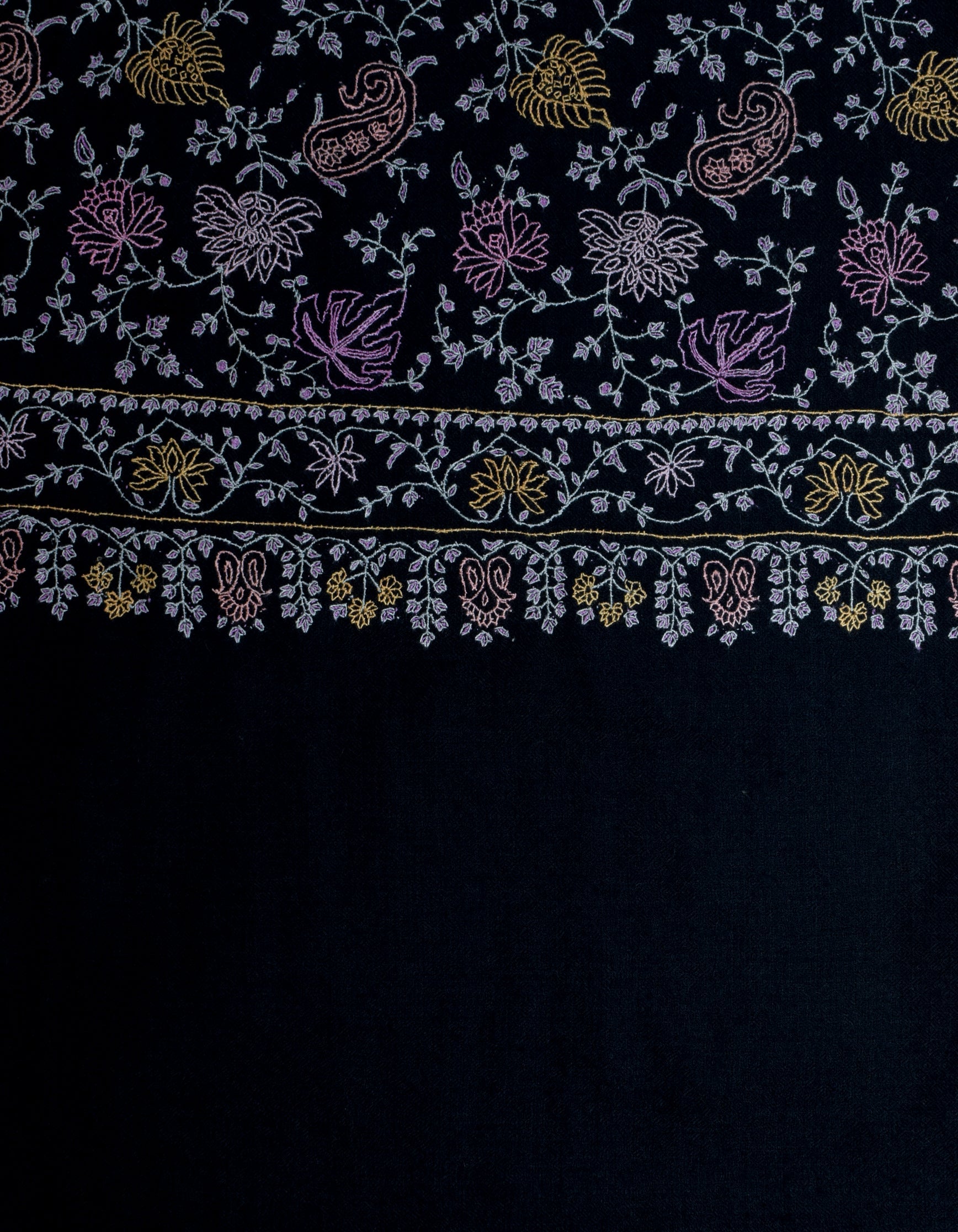 Jet Black Handwoven Multicolour Sozni Jaali Embroidered Cashmere Pashmina Stole