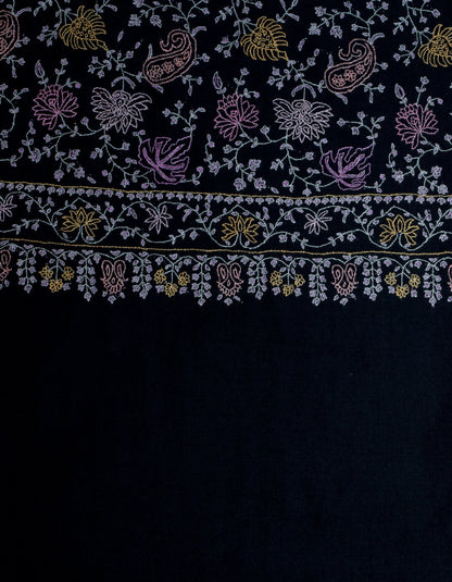 Jet Black Handwoven Multicolour Sozni Jaali Embroidered Cashmere Pashmina Stole