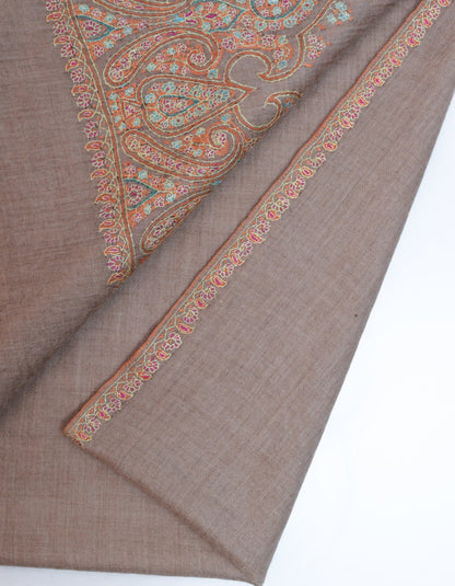 Brownish-grey Handwoven Border Palla  Embroidered Cashmere Pashmina Stole