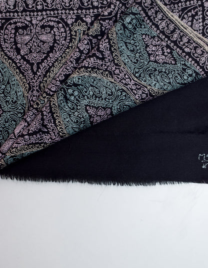 Classic Black Handwoven sozni Jaali Embroidered Cashmere Pashmina Stole