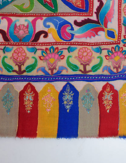 Multicolour Kani Pattern Handwoven Sozni Embroidered Pashmina Stole