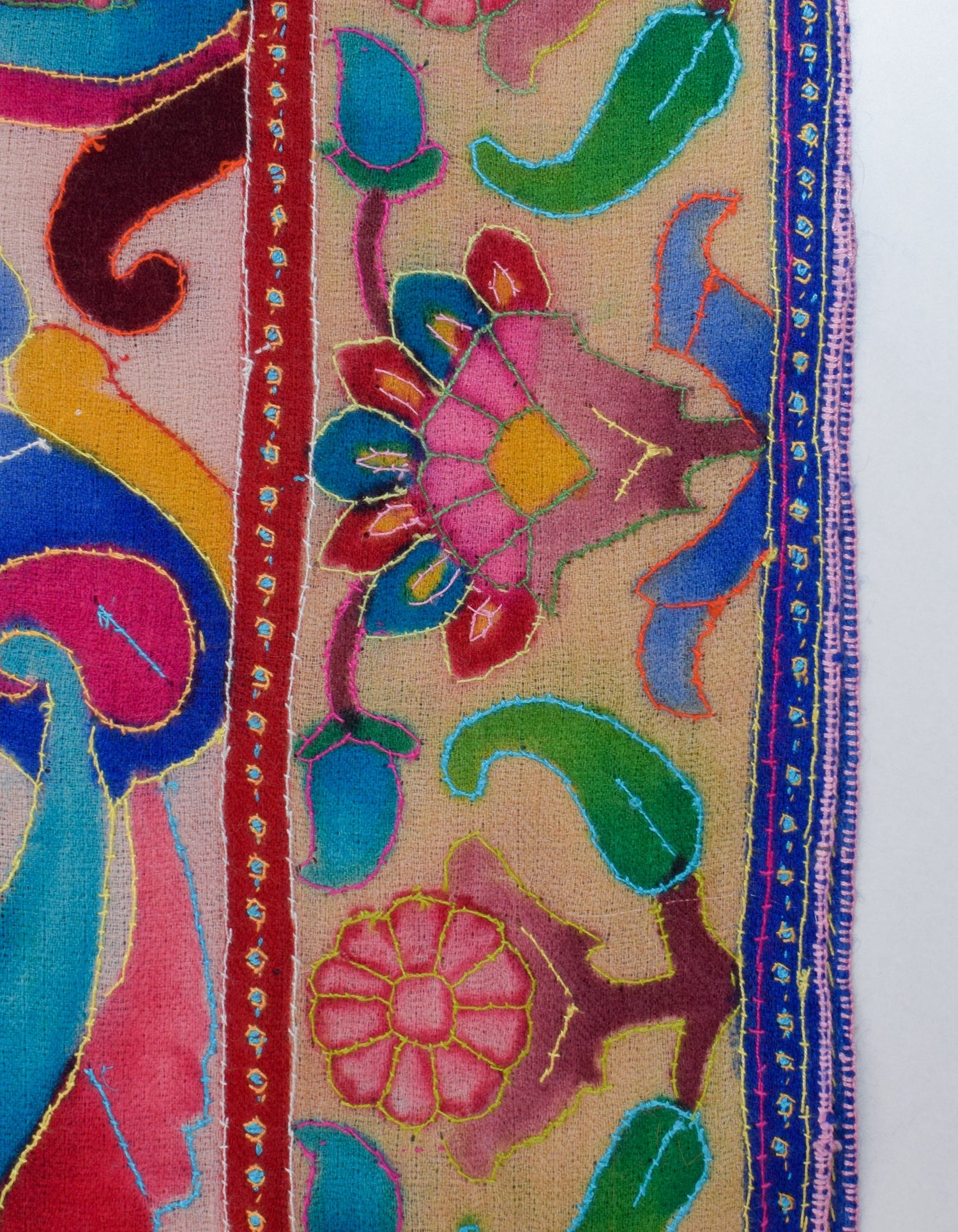 Multicolour Kani Pattern Handwoven Sozni Embroidered Pashmina Stole