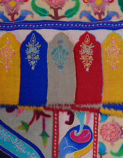 Multicolour Kani Pattern Handwoven Sozni Embroidered Pashmina Stole