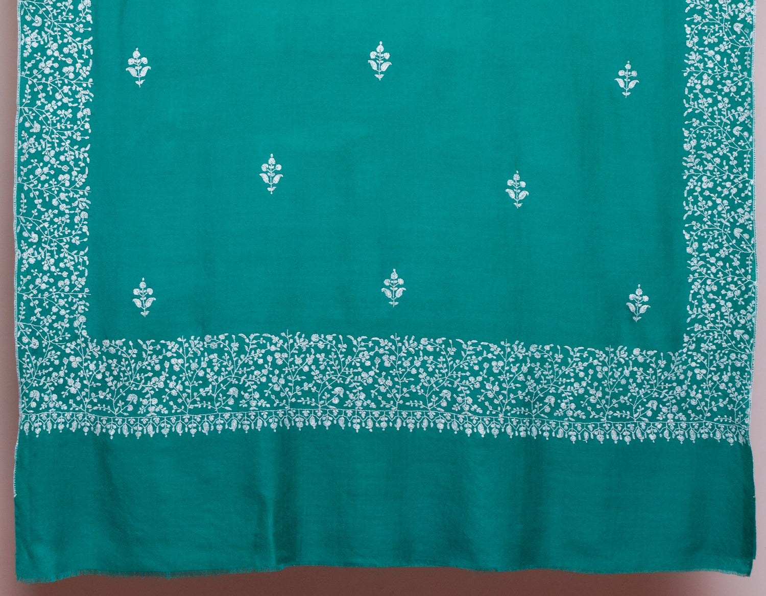 Stone Green Handwoven Sozni Border Embroidered Cashmere Pashmina Shawl