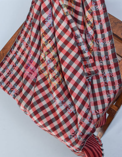 Modern Multi-Pattern Check Handwoven Embroidered Cashmere Pashmina Stole - Kashmir Box