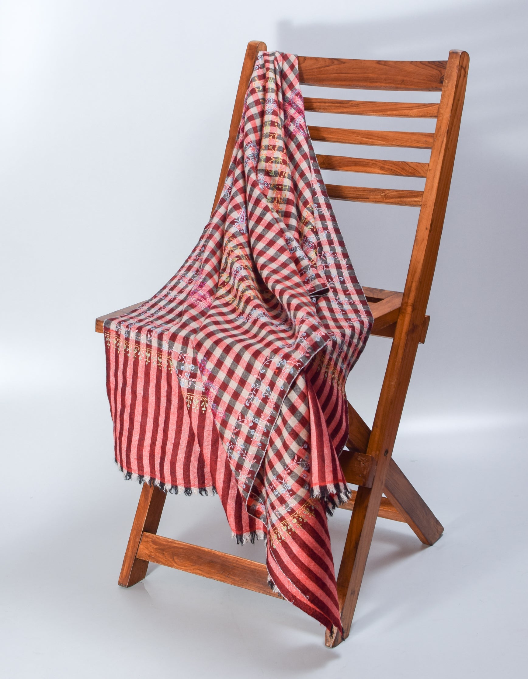Modern Multi-Pattern Check Handwoven Embroidered Cashmere Pashmina Stole - Kashmir Box