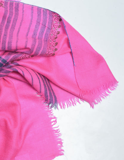 Modern Royal Pink Handwoven Stripes Embroidered Cashmere Pashmina Stole