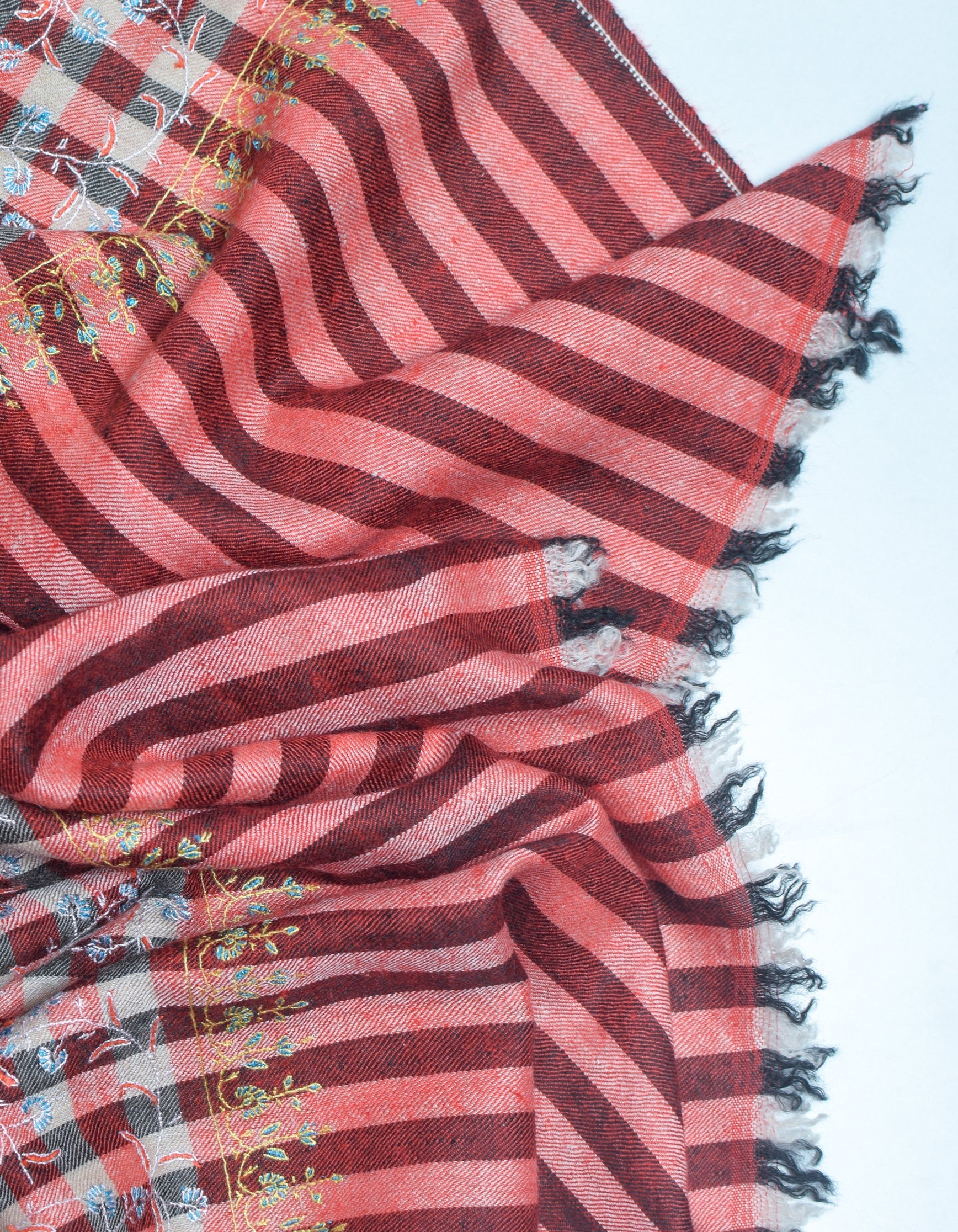 Modern Multi-Pattern Check Handwoven Embroidered Cashmere Pashmina Stole - Kashmir Box