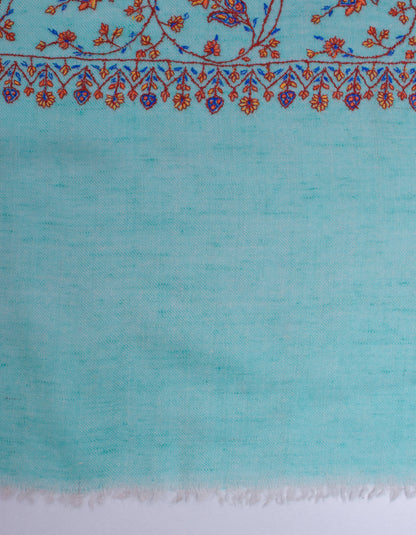 Seafoam Green Handwoven Sozni Floral Embroidered Cashmere Pashmina Stole - Kashmir Box