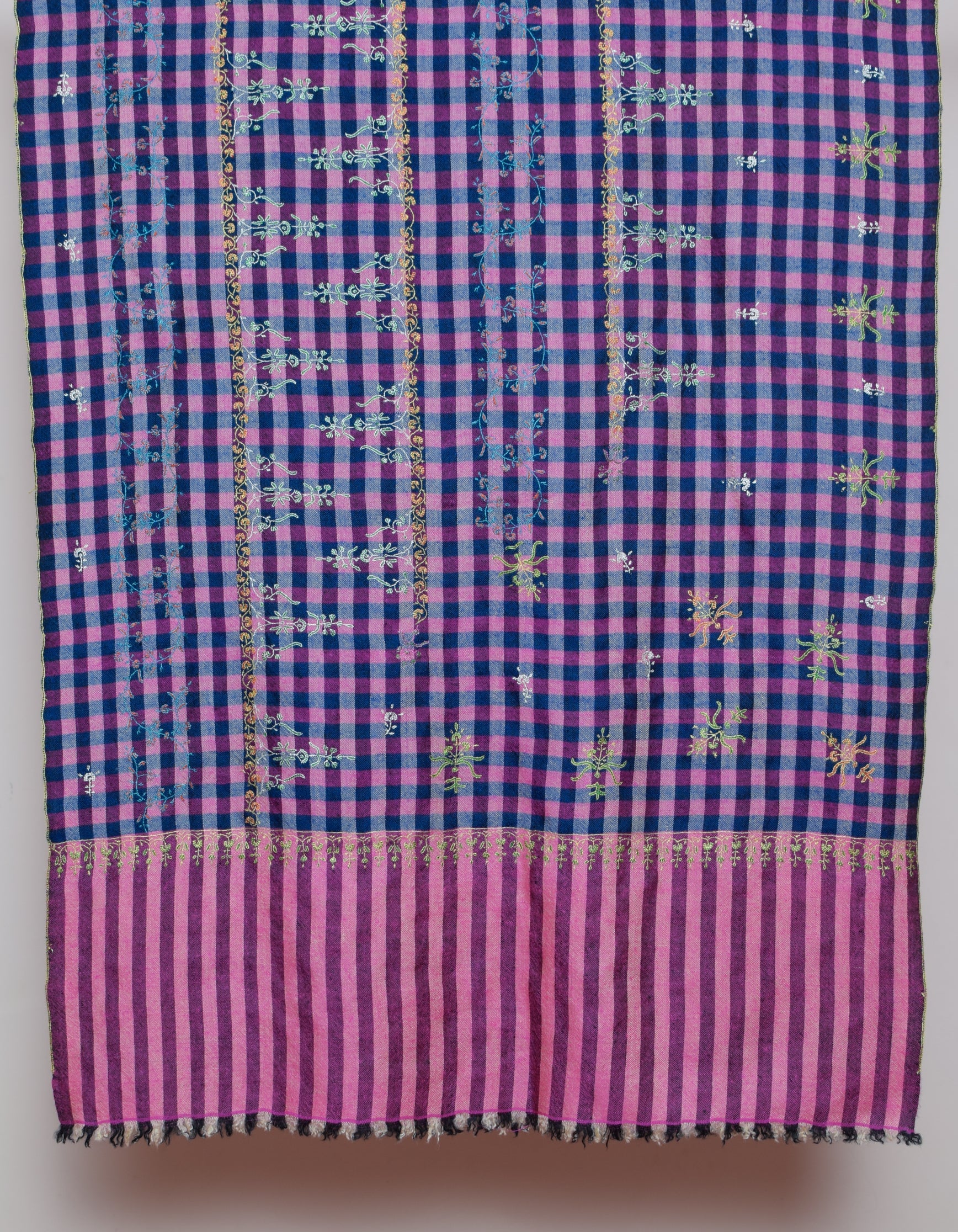 Modern Navy Pink Multi-Pattern Check  Handwoven Embroidered Cashmere Pashmina Stole