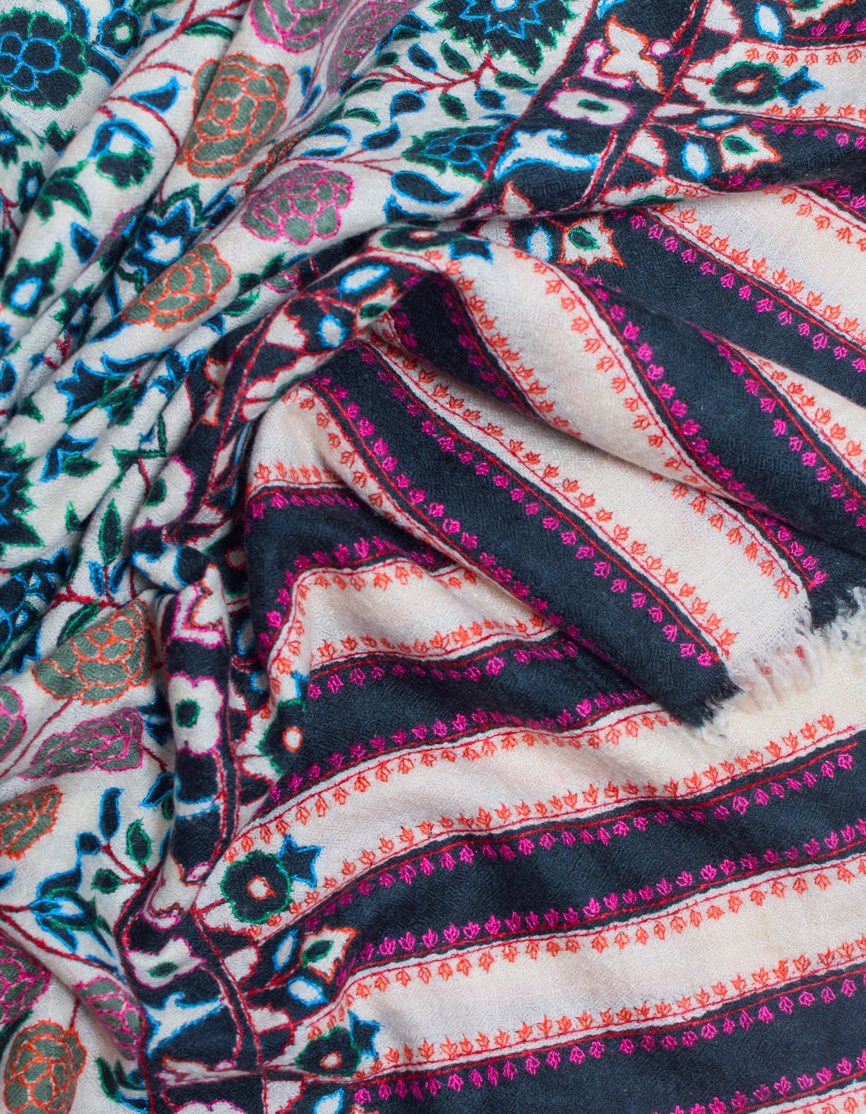 Black Olive Handwoven Kani Pattern Embroidered Cashmere Pashmina Stole - Kashmir Box