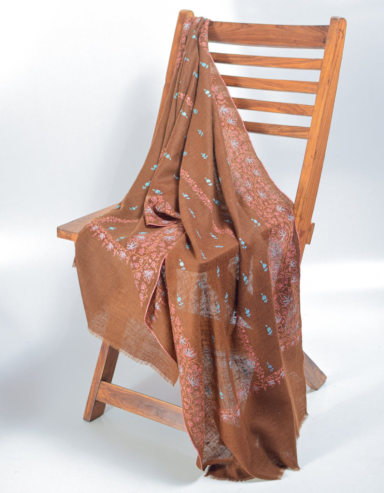 Coffee Handwoven Sozni Embroidered Cashmere Pashmina Stole