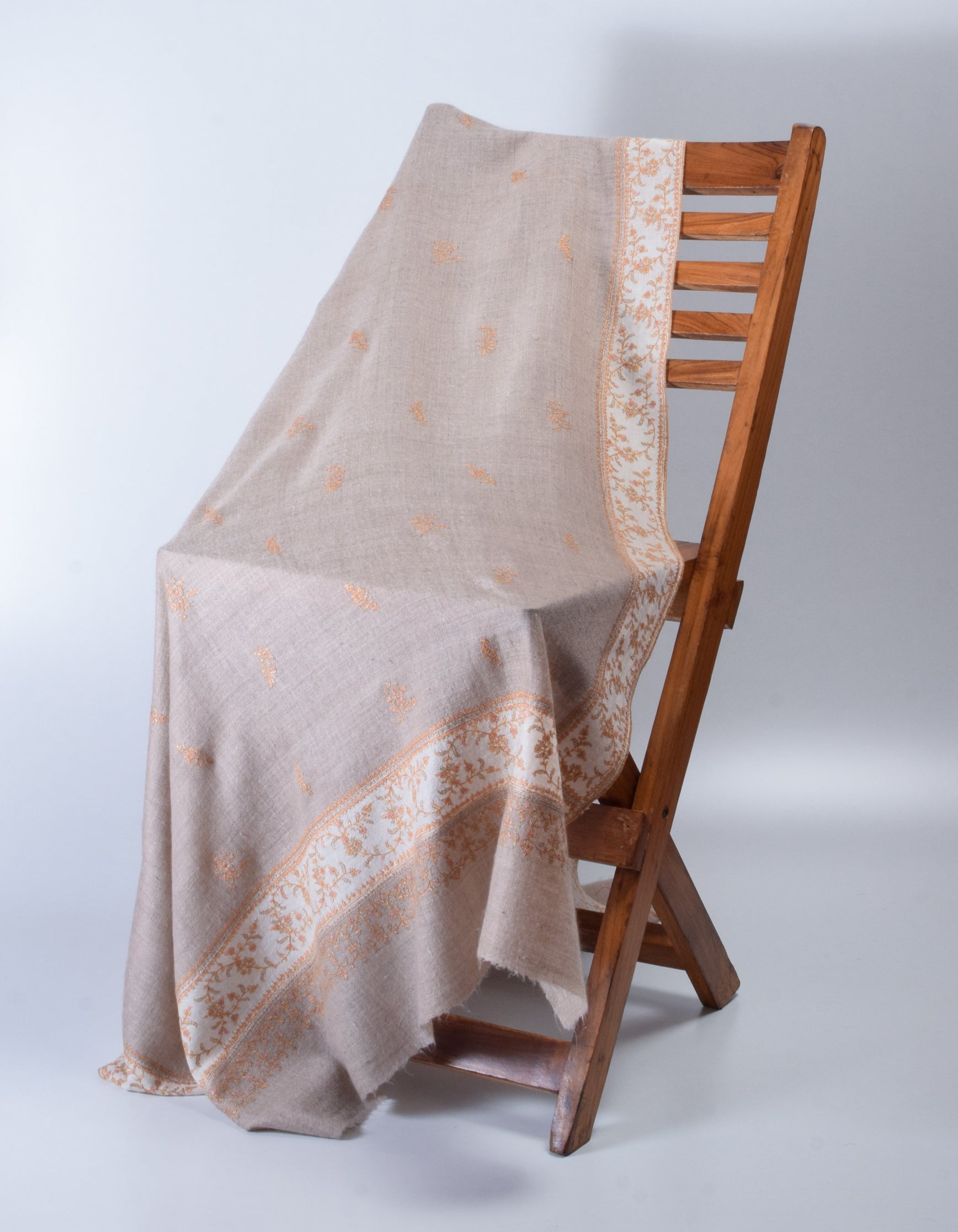 Toosha Brown Handwoven Sozni Border Embroidered Cashmere Pashmina Shawl