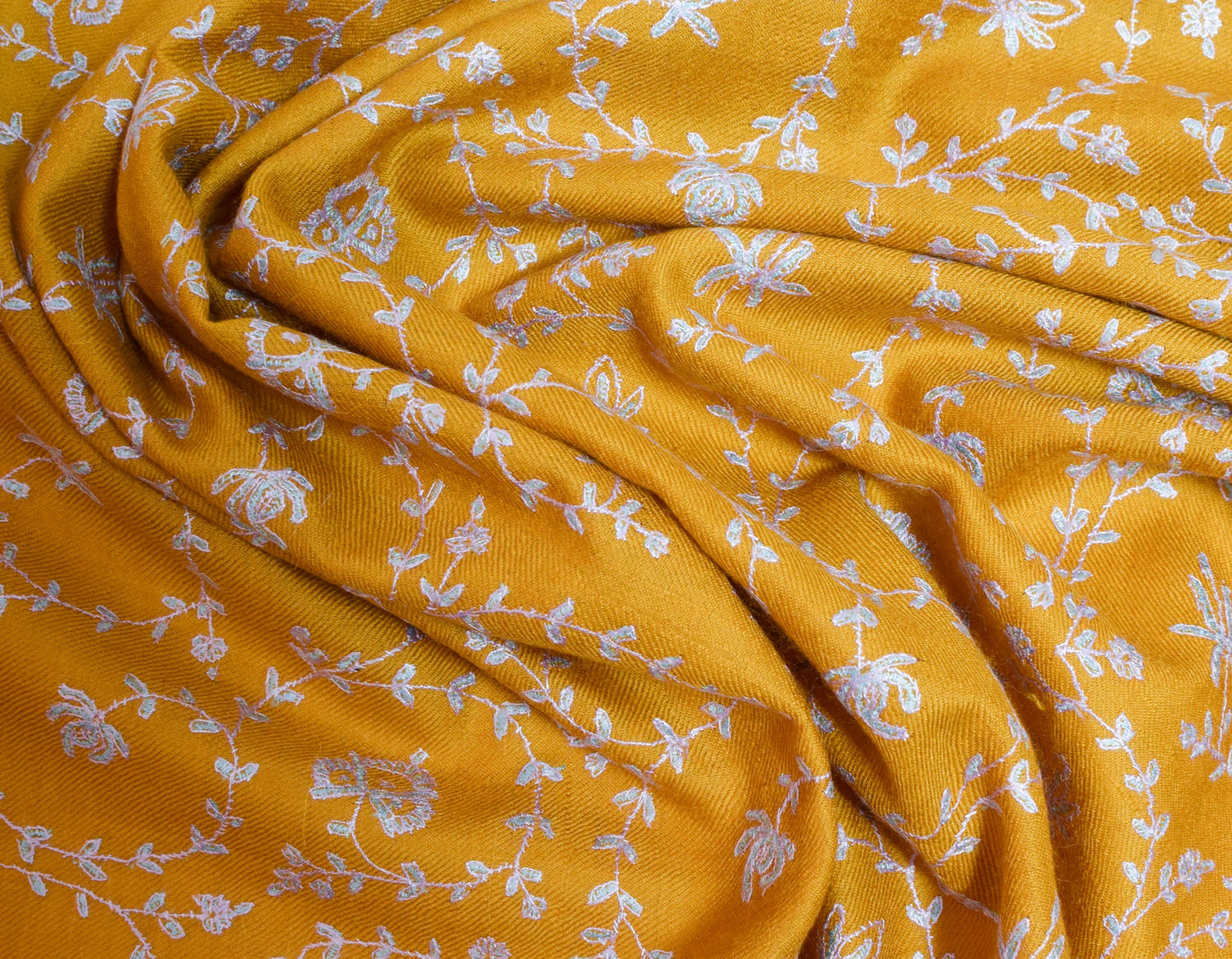 Mustard Yellow Handwoven Sozni Jaali Embroidered Cashmere Pashmina Stole