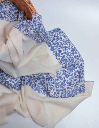 Natural Cream Handwoven Blue Border Embroidered Cashmere Pashmina Shawl