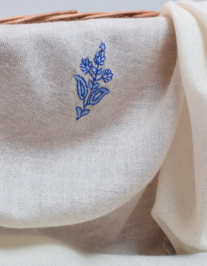 Natural Cream Handwoven Blue Border Embroidered Cashmere Pashmina Shawl