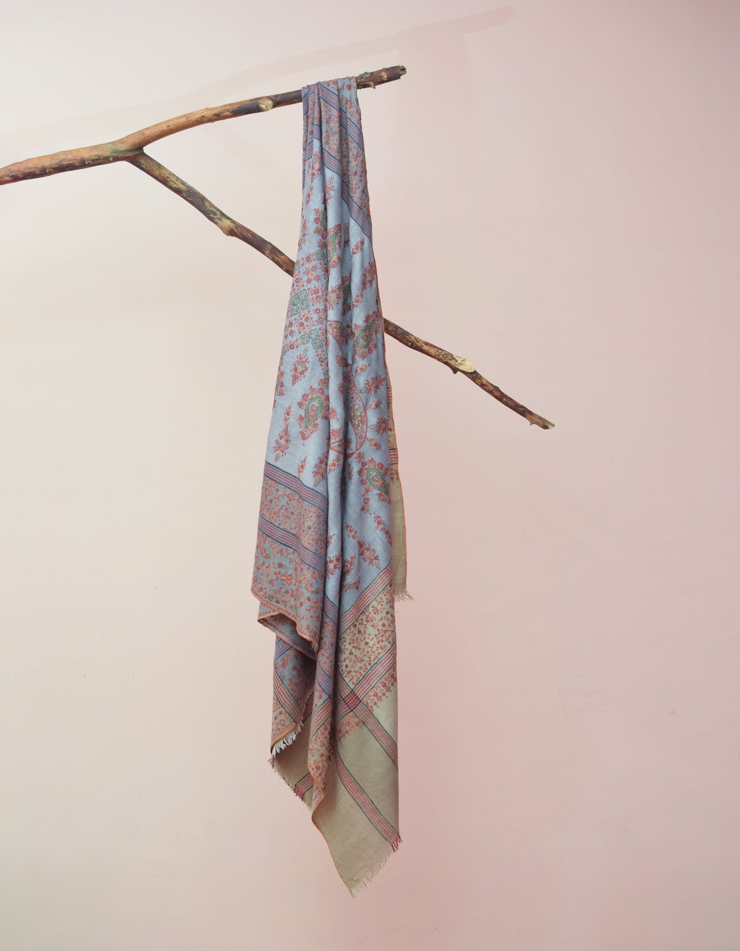 Grey Striped Handwoven Sozni Embroidered Pashmina Shawl