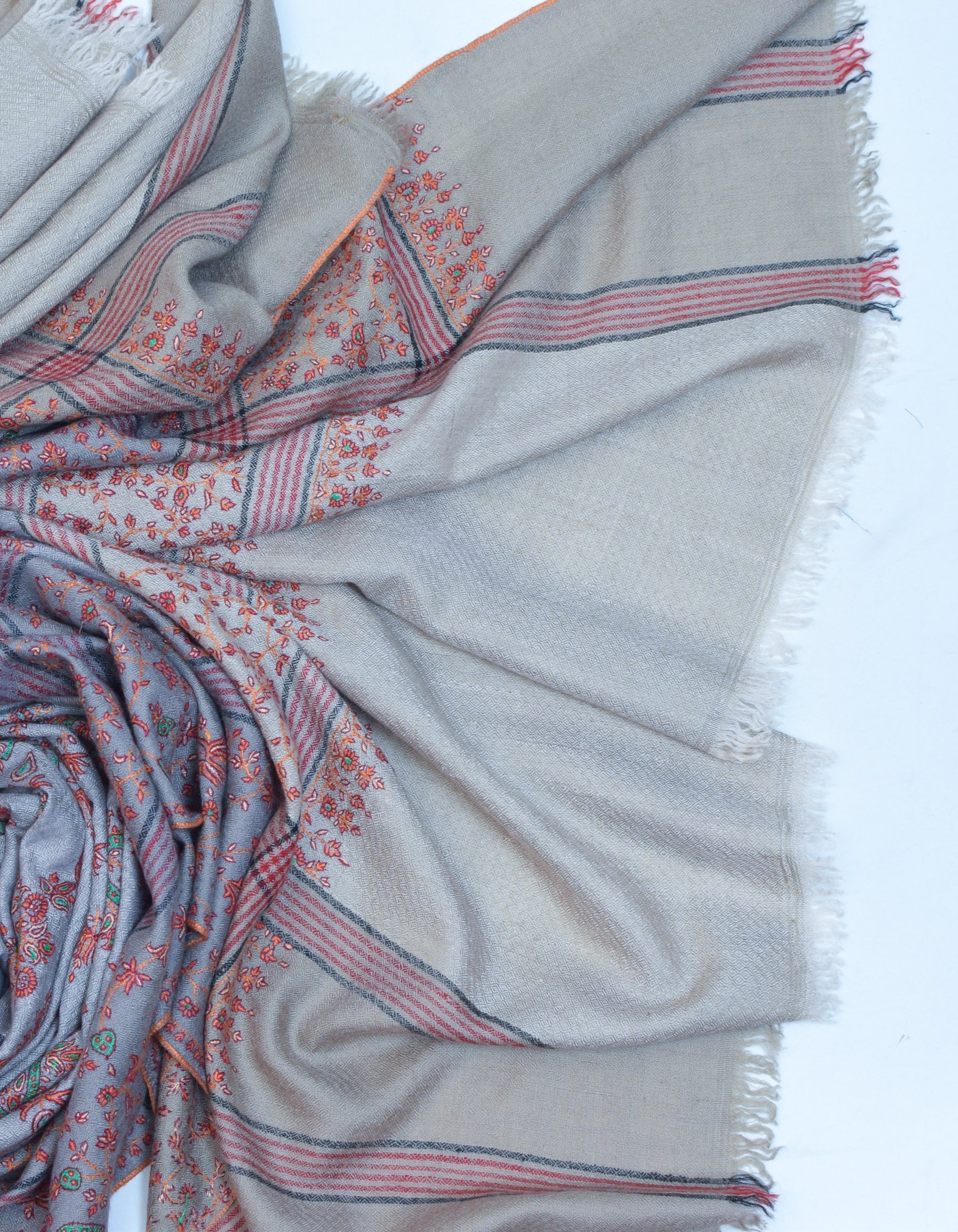 Grey Striped Handwoven Sozni Embroidered Pashmina Shawl