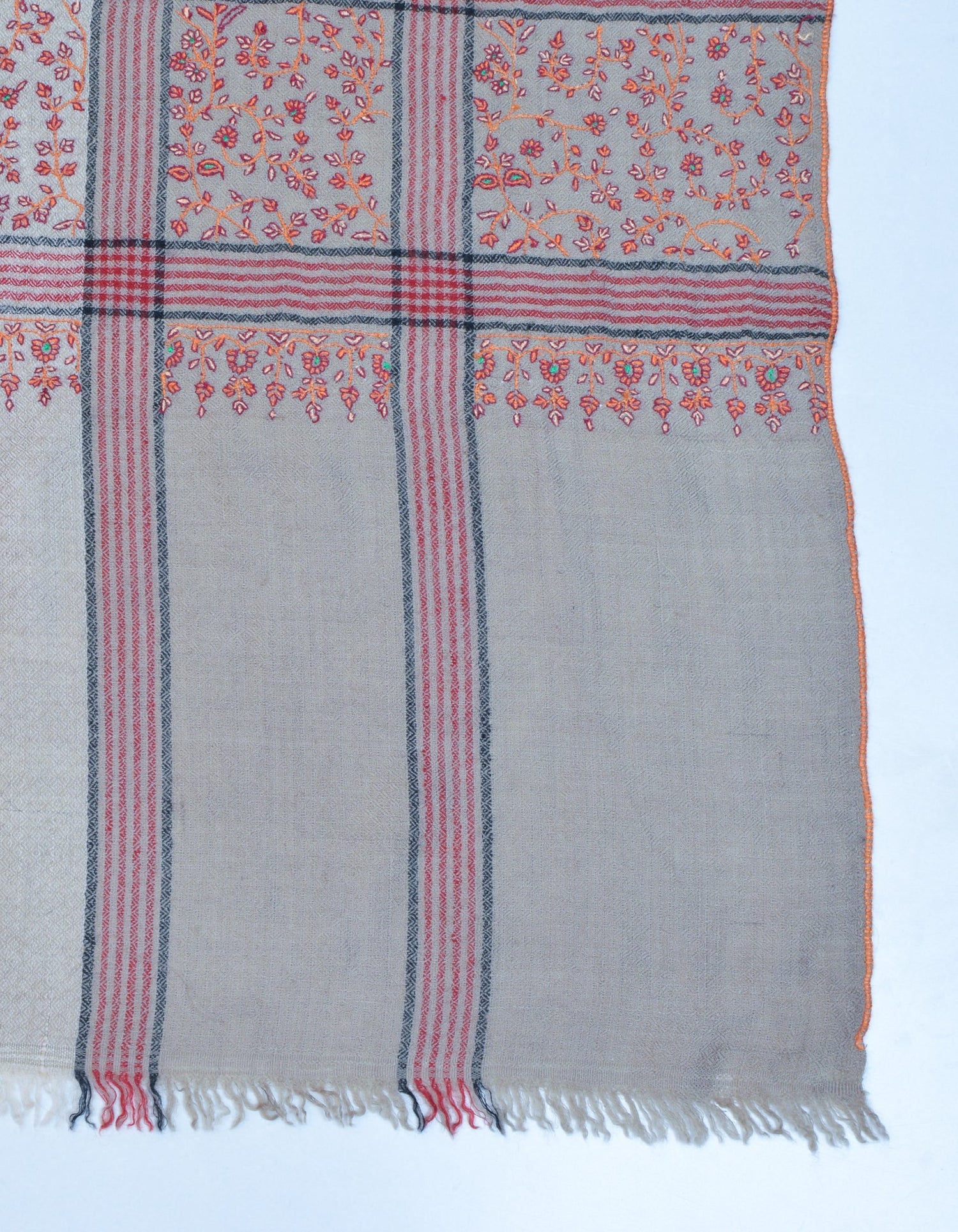 Grey Striped Handwoven Sozni Embroidered Pashmina Shawl