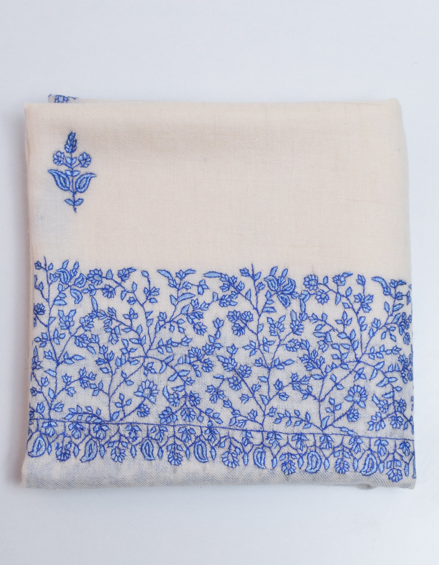 Natural Cream Handwoven Blue Border Embroidered Cashmere Pashmina Shawl