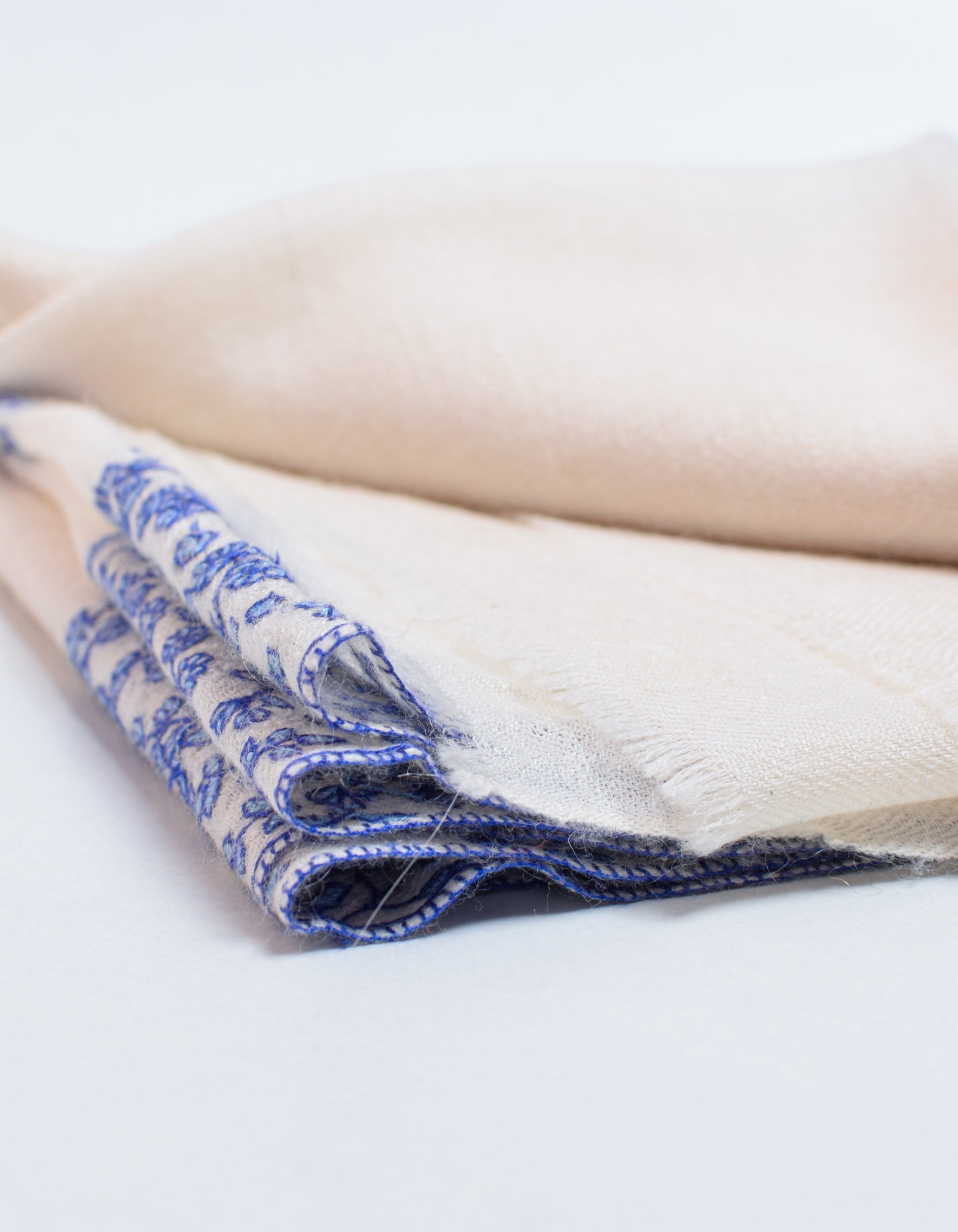 Natural Cream Handwoven Blue Border Embroidered Cashmere Pashmina Shawl