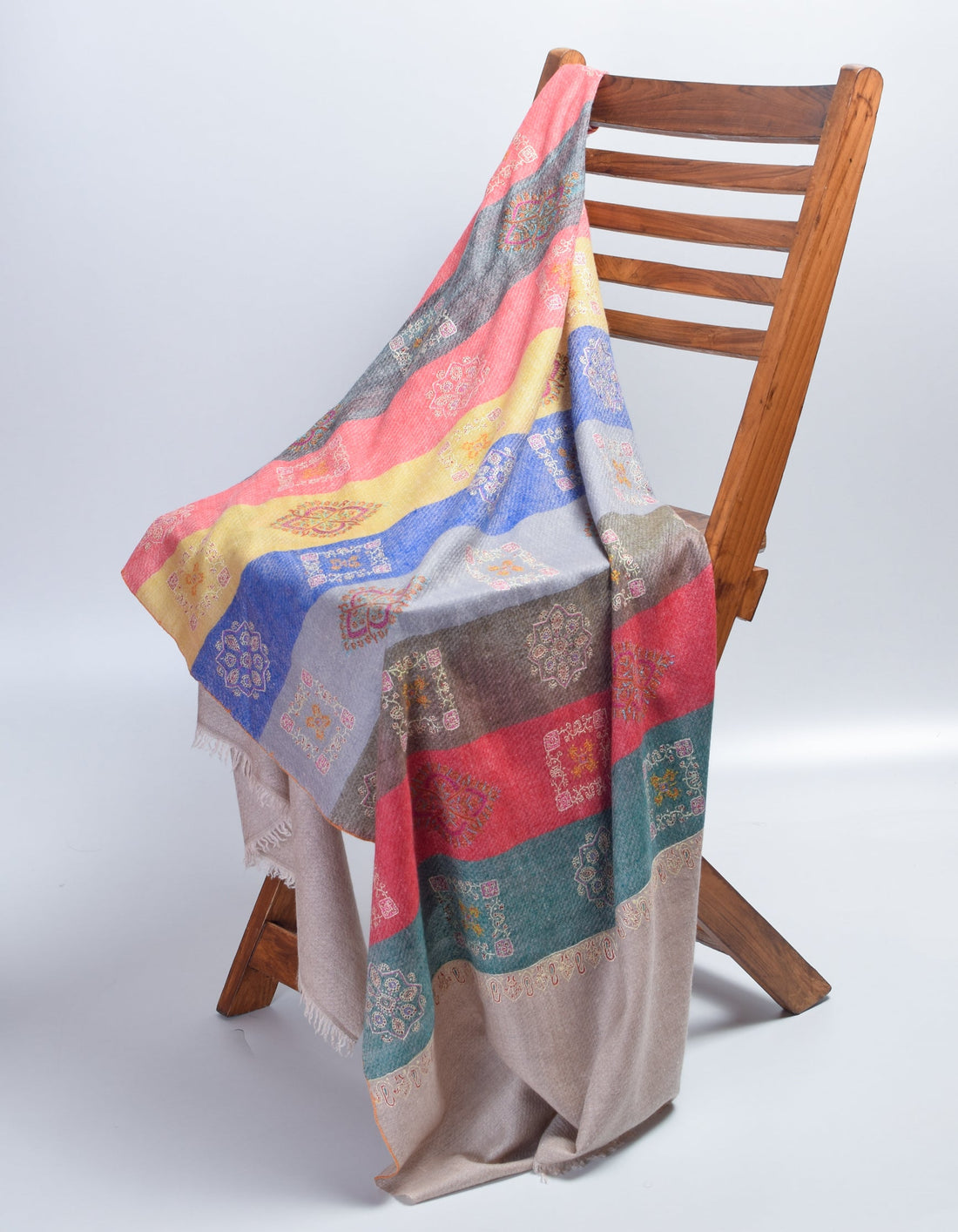 Modern Handwoven Stripes Embroidered Multicolour Cashmere Pashmina Stole - Kashmir Box
