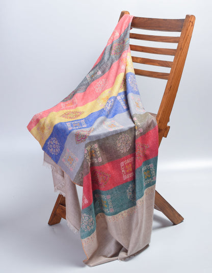 Modern Handwoven Stripes Embroidered Multicolour Cashmere Pashmina Stole