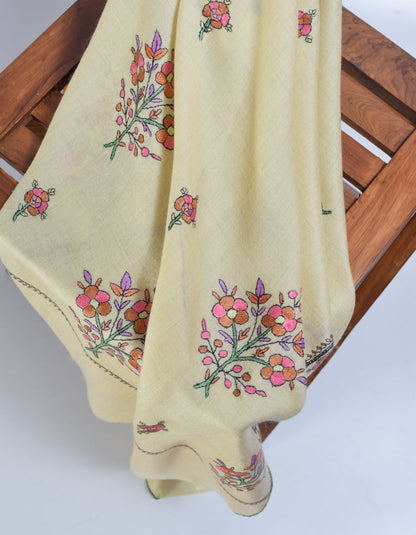 Light Yellow Handwoven Floral Embroidered Cashmere Pashmina Stole