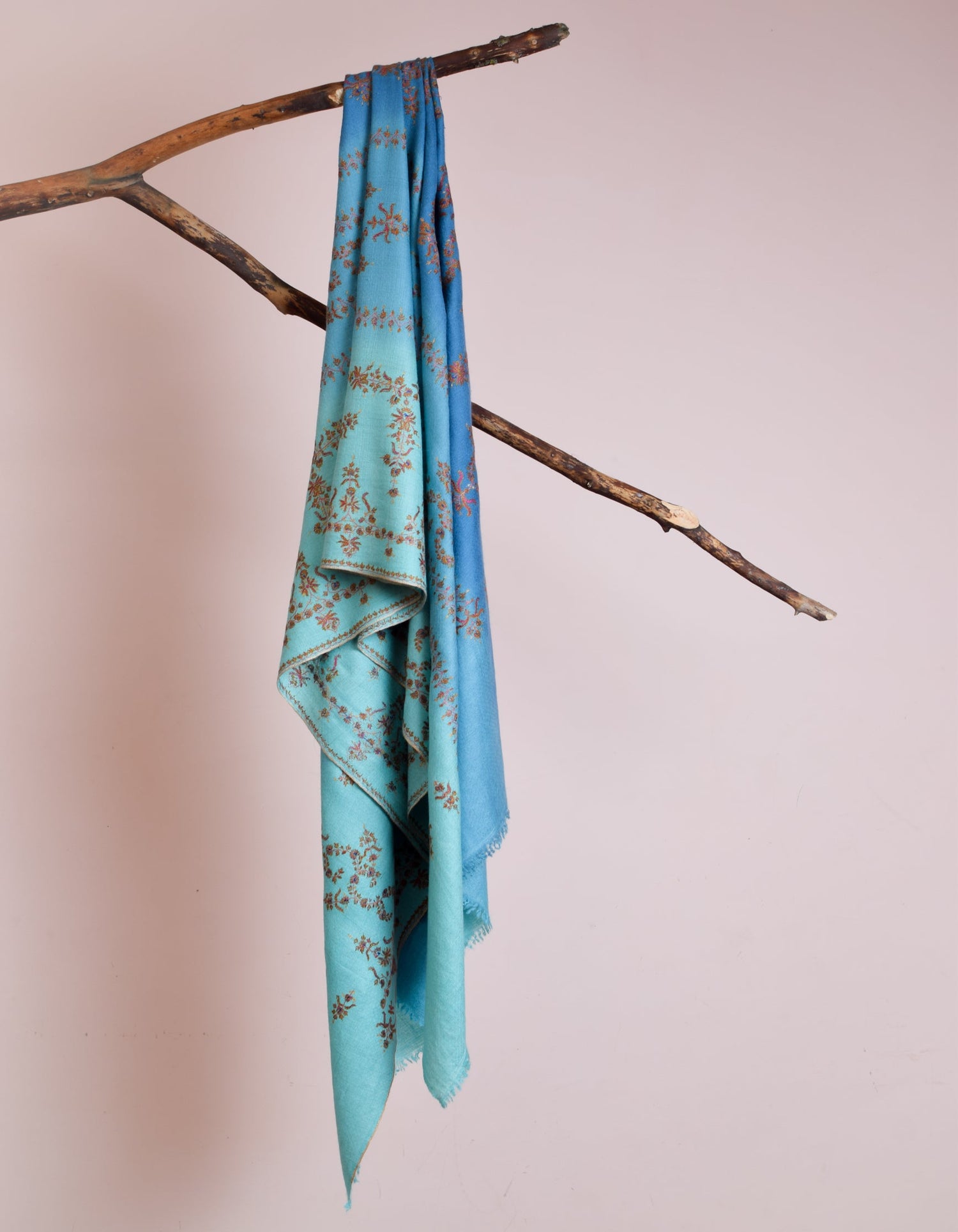 Sozni Embroidered Handwoven Ombre Blue Pashmina Shawl