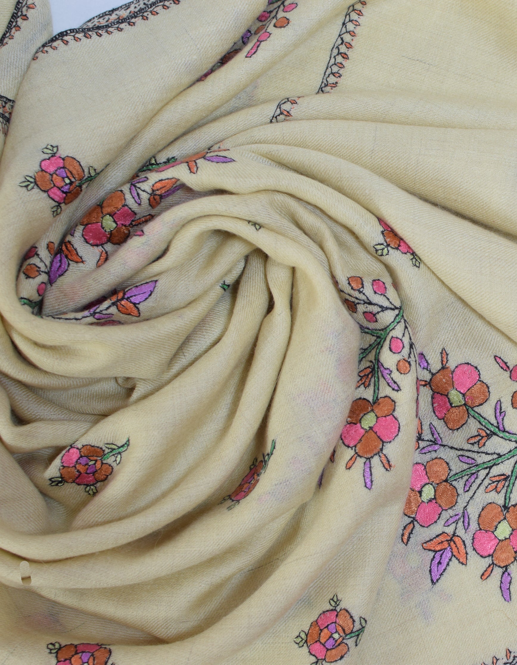 Light Yellow Handwoven Floral Embroidered Cashmere Pashmina Stole